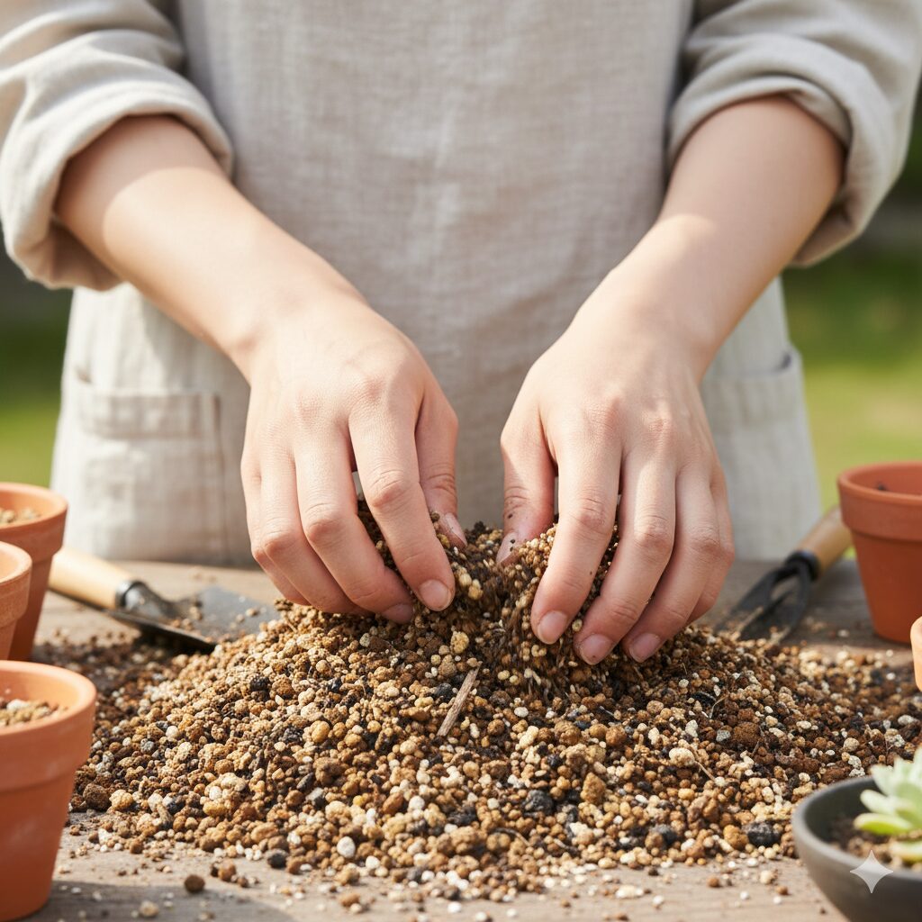 ウィンティーの夏越し・植え替えに適した水はけの良い用土。培養土に赤玉土や鹿沼土が混ざっている質感のクローズアップ。