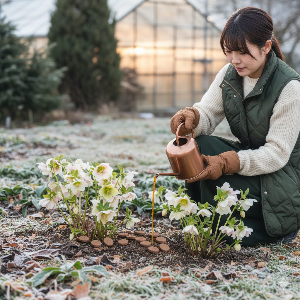 ウィンティーの冬の肥料管理。株元に置かれた固形肥料（置き肥）と、ジョウロで与える液体肥料のイメージ。