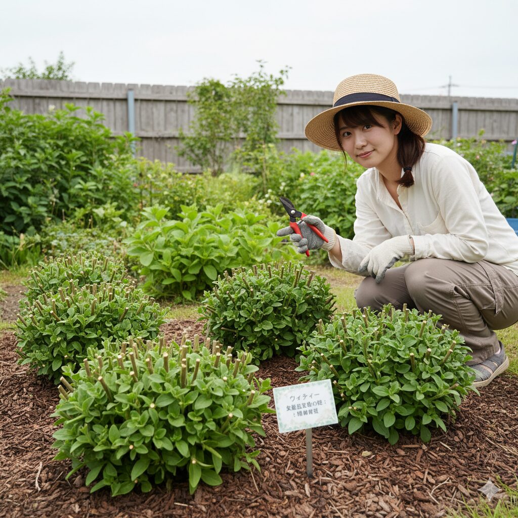ウィンティーの夏越し成功の秘訣：梅雨入り前に花茎をカットし葉を減らした強剪定後の株の状態