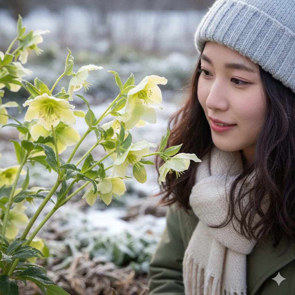 冬の半日陰でエアリーに咲くウィンティー・ライムグリーンの繊細な花姿のクローズアップ