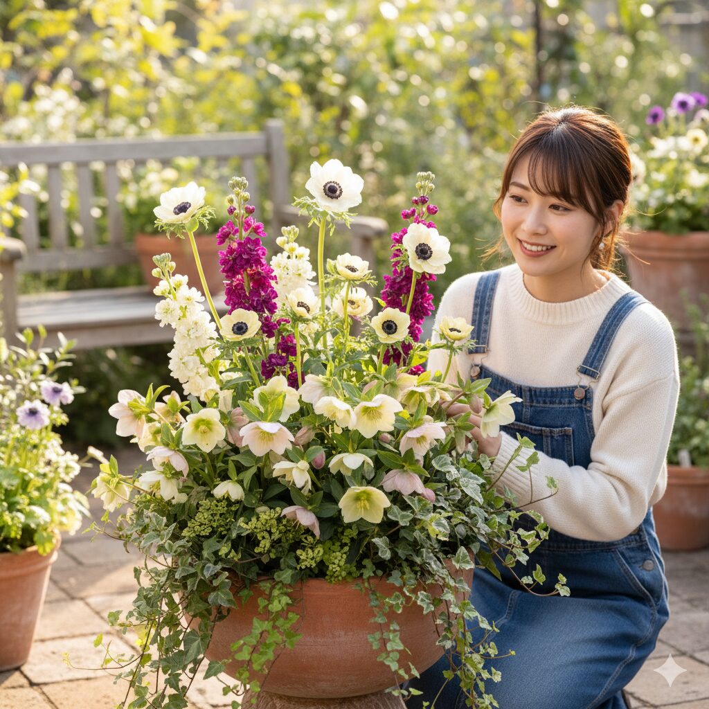 ウィンティーと相性の良い背の高い花（アネモネ、ストック）を組み合わせた立体感のある寄せ植えの実例