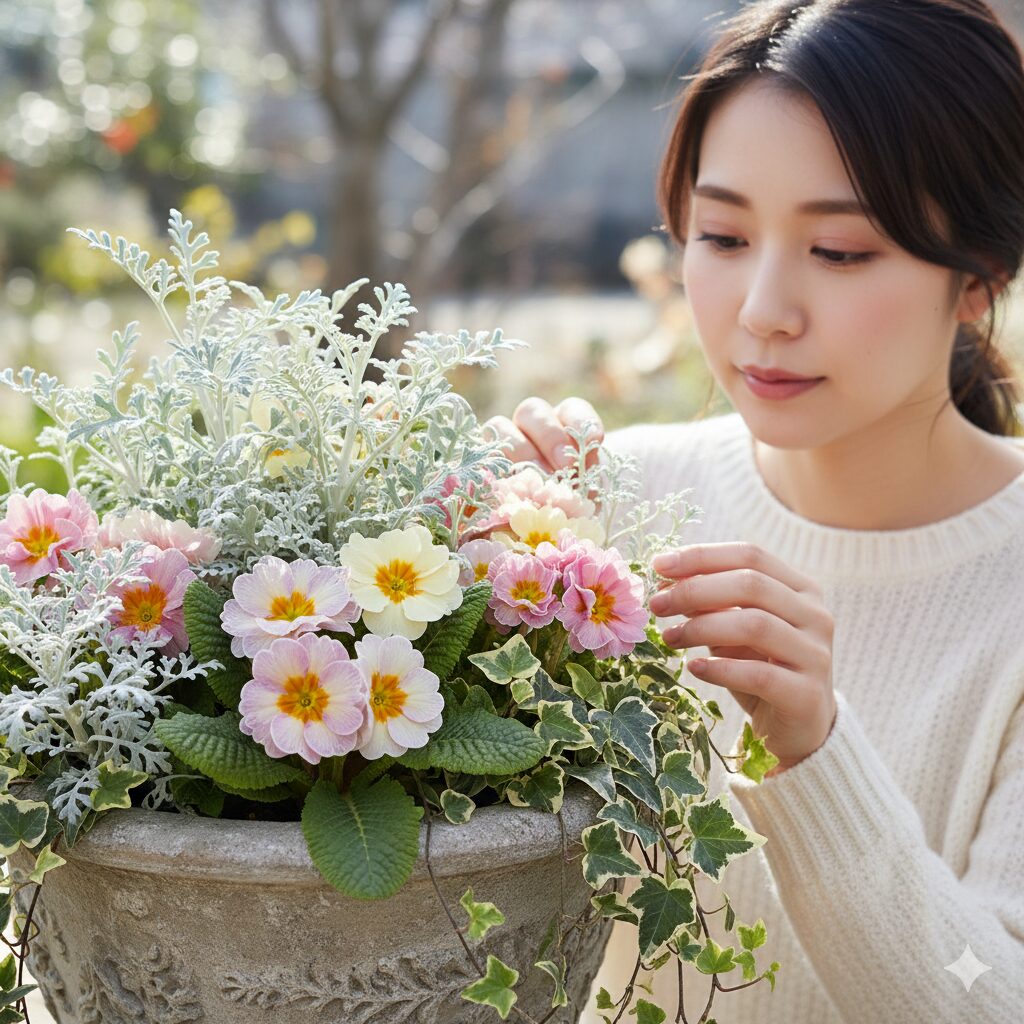 ウィンティーの淡い花色を引き立てるシルバーレース（銀葉）とヘデラ（アイビー）を合わせた質感重視の寄せ植え