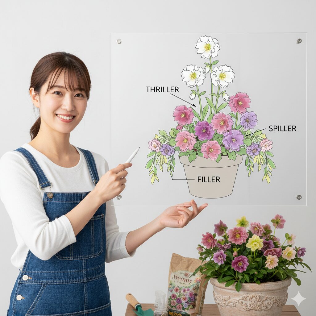 寄せ植えデザインの基本図解：スリラー（高さ）、フィラー（ボリューム）、スピラー（垂れる動き）の配置バランス