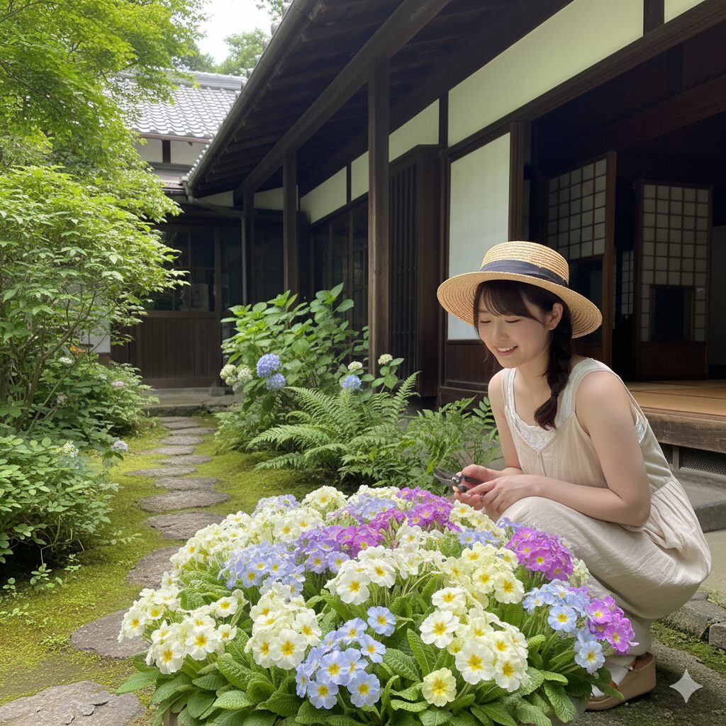 直射日光を避けた建物の北側や軒下の明るい半日陰に置かれ、元気に咲くウィンティーのプランター