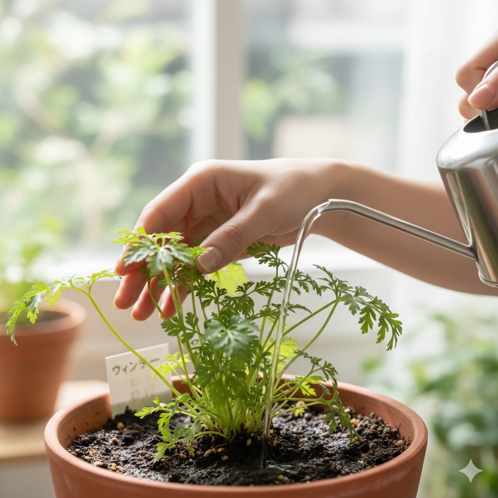 ウィンティーのカビを防ぐ正しい水やり方法：手で葉を持ち上げて株元に直接水を注ぐ手元のアップ