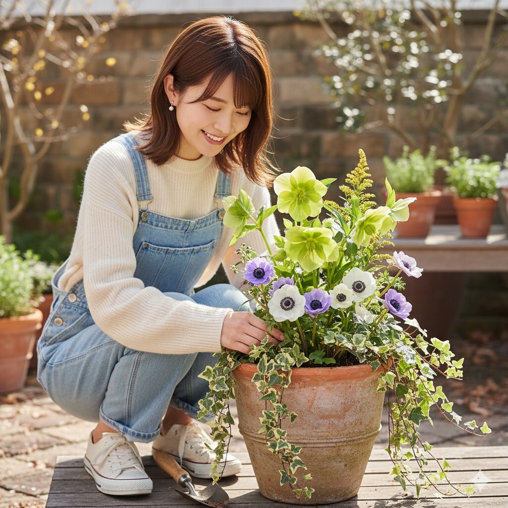 ウィンティー（ライムグリーン）とアネモネ、ヘデラを組み合わせたおしゃれな寄せ植え