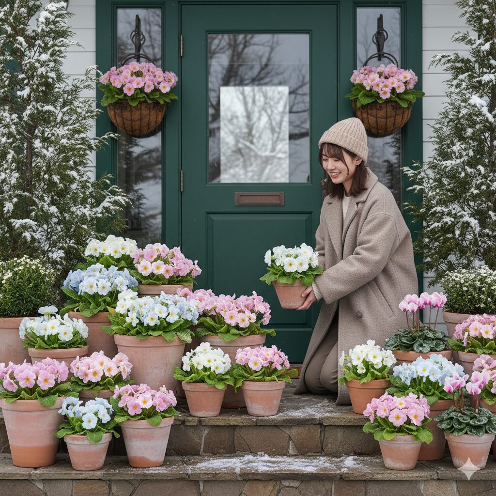 冬の日照時間が短い北向きの玄関先で美しく咲くウィンティーの配置例