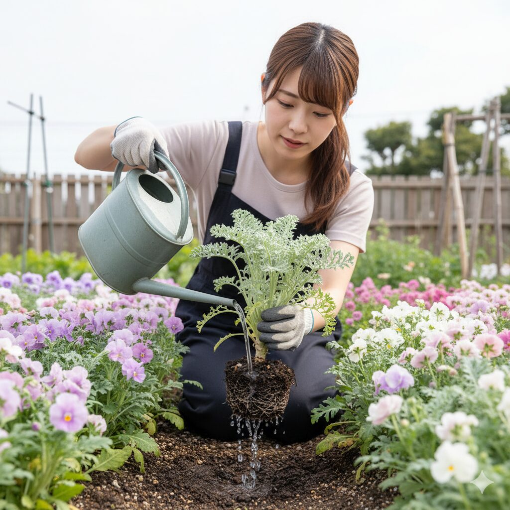 ウィンティー の灰色カビ病を防ぐため葉を持ち上げて株元に水やりをする正しい方法
