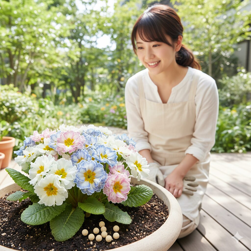 ウィンティーの花数を増やすために株元に置かれた緩効性の固形肥料
