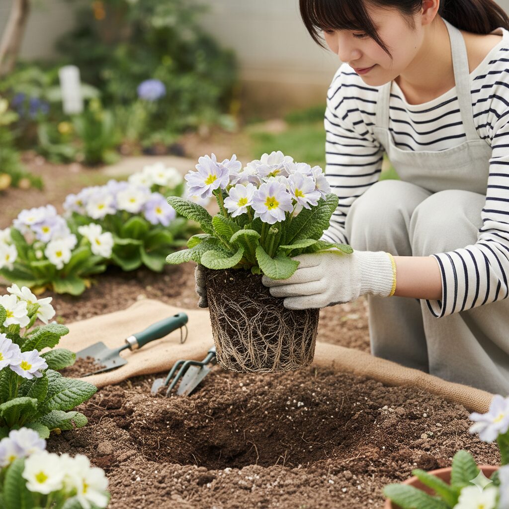 根を傷めないよう根鉢を崩さずに植え付けられるウィンティーの苗