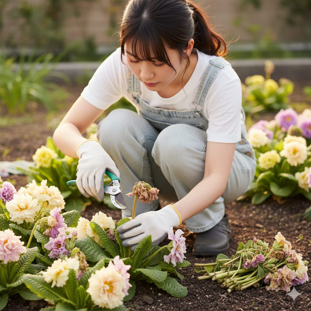 ウィンティー 、次の花を咲かせるために咲き終わった花茎を根元からカットする花がら摘みの様子