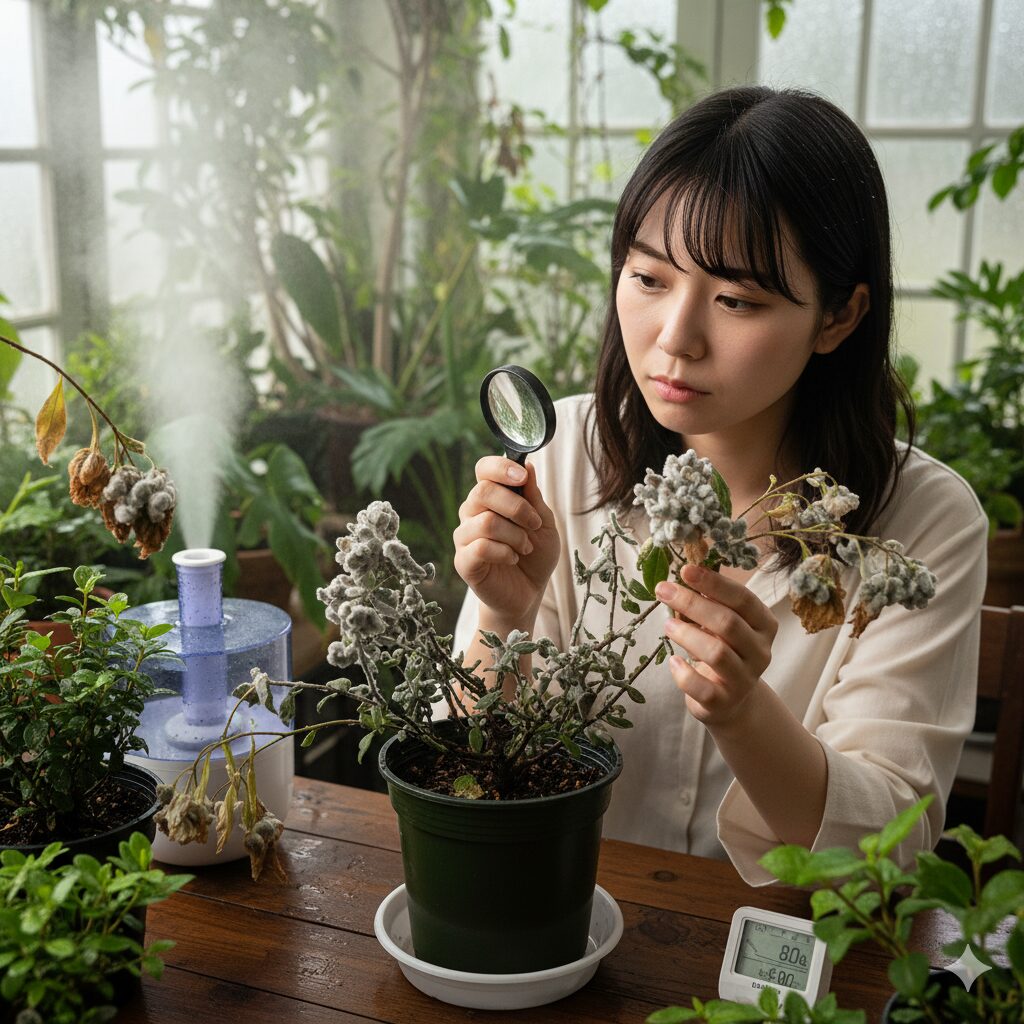 多湿環境でウィンティーの葉や花に発生した灰色カビ病（ボトリチス病）の症状