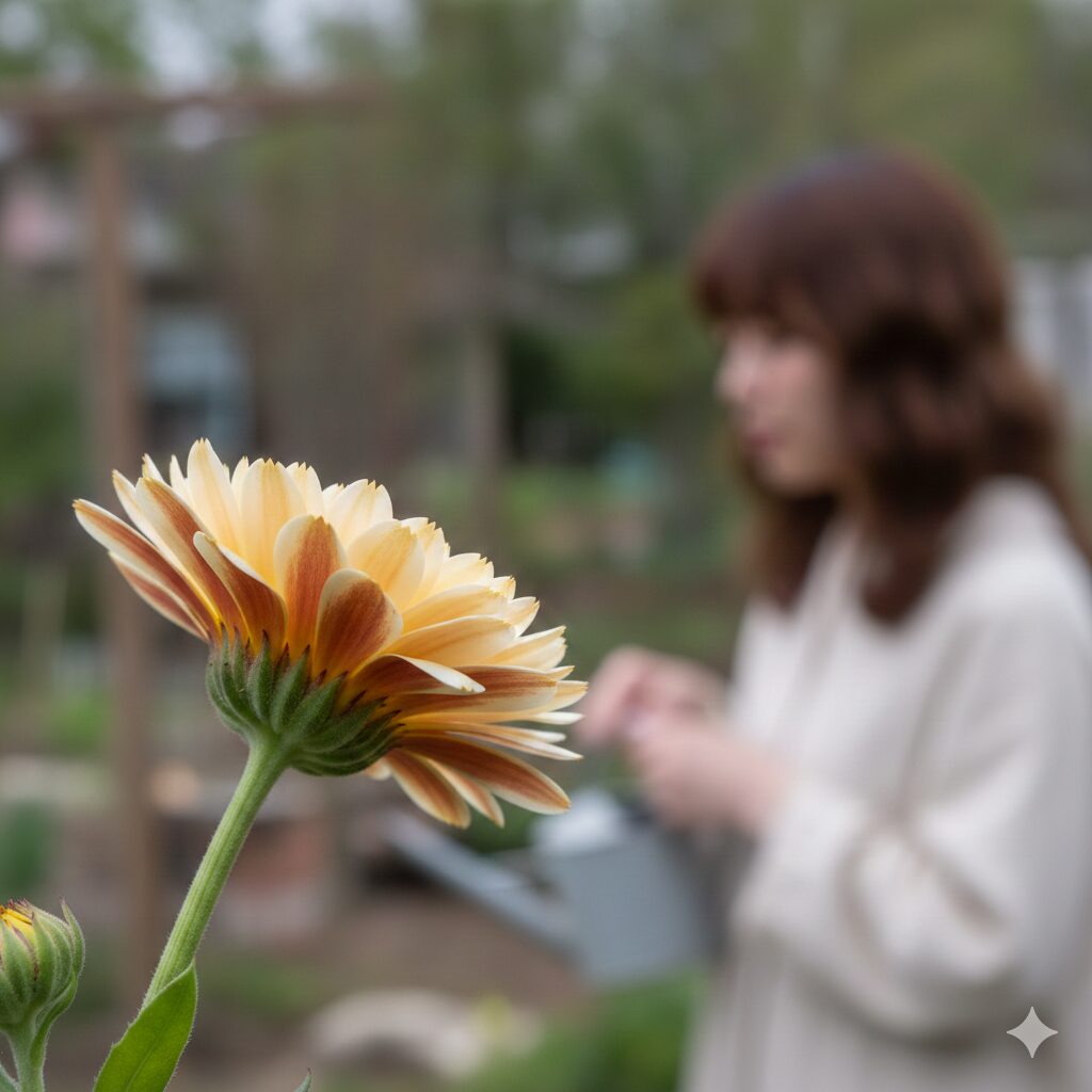 カレンデュラ コーヒークリーム 育て方　カレンデュラコーヒークリームの花弁。表面のクリーム色と裏面のブロンズ色のコントラストが特徴的なアンティークカラー。