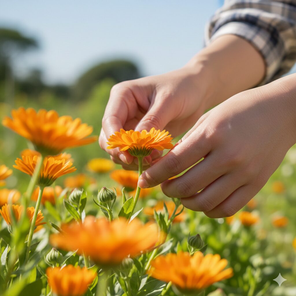 カレンデュラ ハーブティー 作り方 カレンデュラハーブティー作りのため朝一番に満開の花を収穫する様子