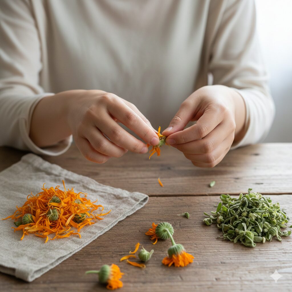 カレンデュラ ハーブティー 作り方 カレンデュラの花弁とガクを分解して乾燥させる自家製ハーブティーの工程