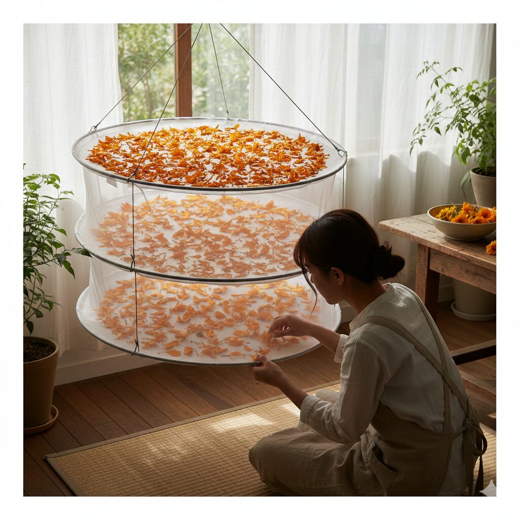 カレンデュラ ハーブティー 作り方 直射日光を避け日陰でカラカラになるまで乾燥させたカレンデュラの花弁