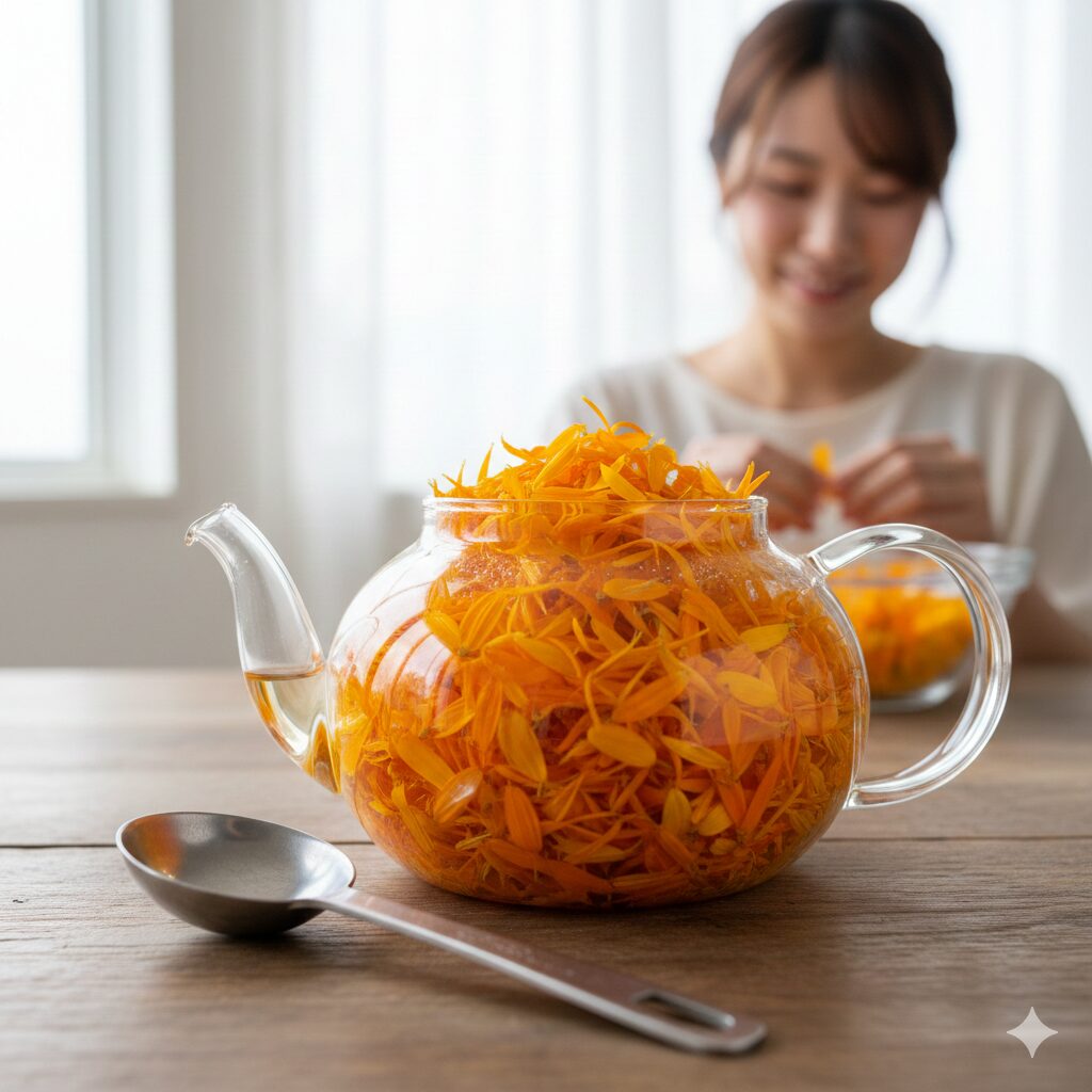 カレンデュラ ハーブティー 作り方 フレッシュカレンデュラハーブティーを作るための生花の大盛り分量目安