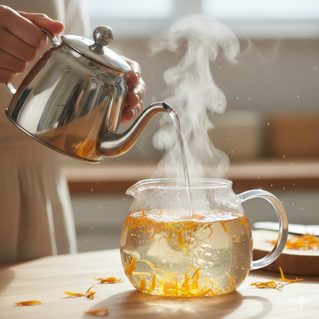 カレンデュラ ハーブティー 作り方 成分を抽出するためにカレンデュラの花弁に沸騰直後の熱湯を注ぐ様子