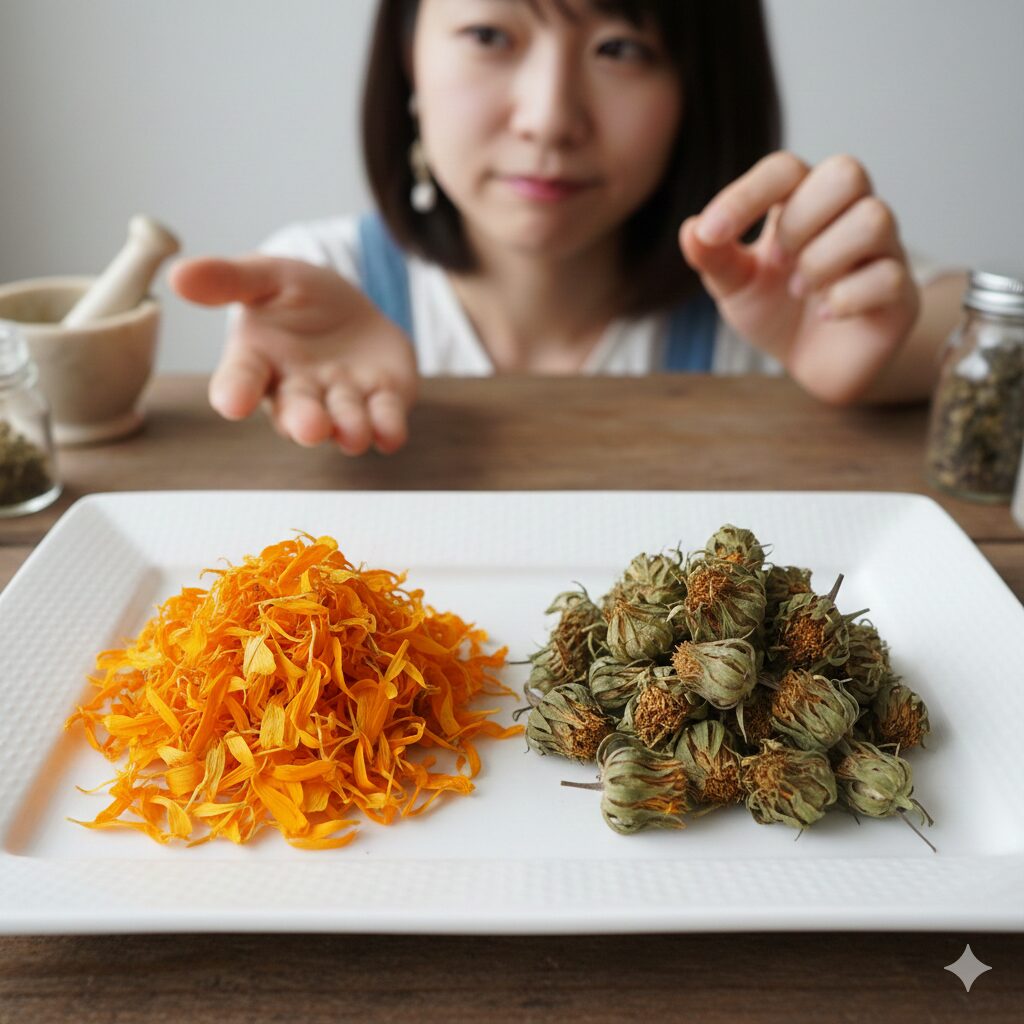 カレンデュラ ハーブティー 作り方 カレンデュラハーブティーの味を変える花弁のみとガク付きホールの比較