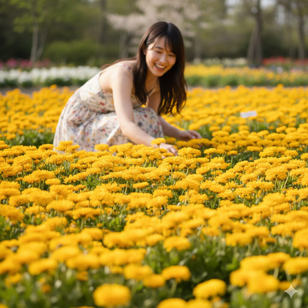 カレンデュラ パワーデイジー 地植え　春の陽光の下、広い庭の花壇で満開に咲き誇る地植えのカレンデュラ・パワーデイジーのクローズアップ写真。鮮やかなイエローの花が無数に咲き、緑の葉が見えないほど密集して地面を覆っている。背景は柔らかくボケた庭の風景。自然な光で撮影された高品質な写真。