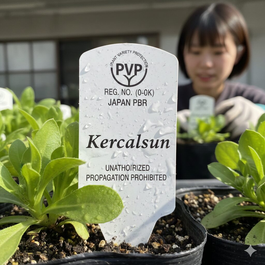 カレンデュラ パワーデイジー 地植え　カレンデュラ・パワーデイジーの苗ラベル。種苗法に基づく登録品種（PVP）であることを示すマークと、無断増殖禁止の注意書きが記載されたタグの写真。