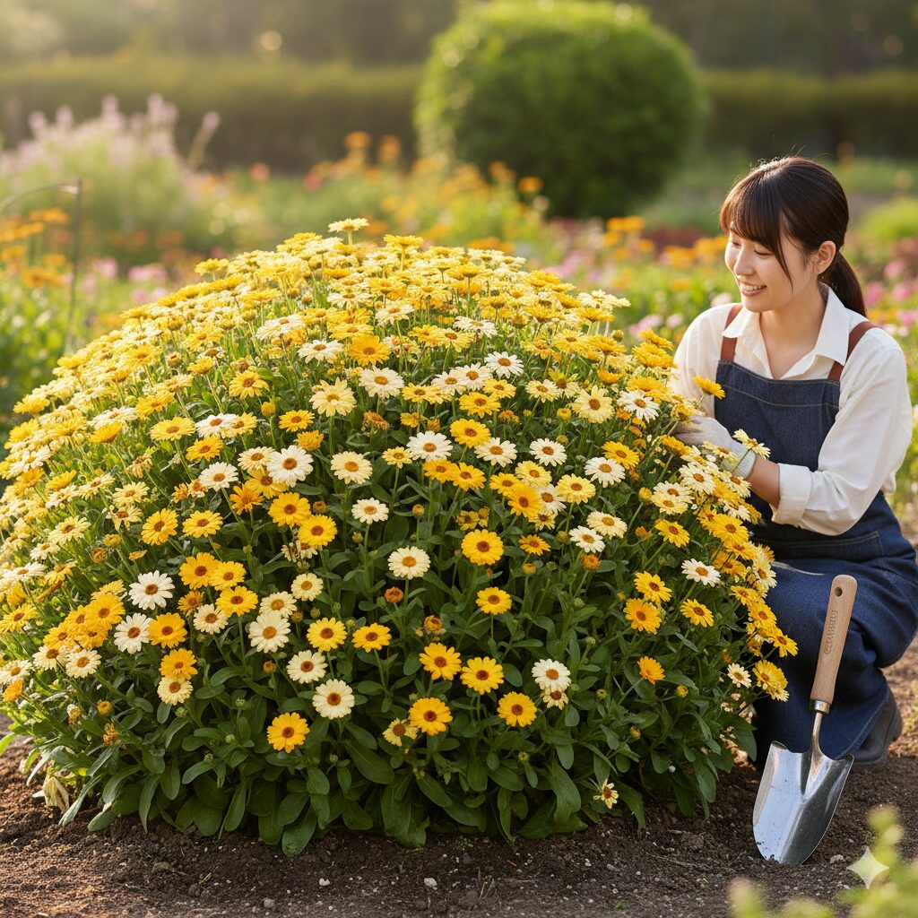 カレンデュラ パワーデイジー 地植え　地植えで直径約1メートルに巨大化したカレンデュラ・パワーデイジーの株姿。スコップとの比較でその大きさが分かる。