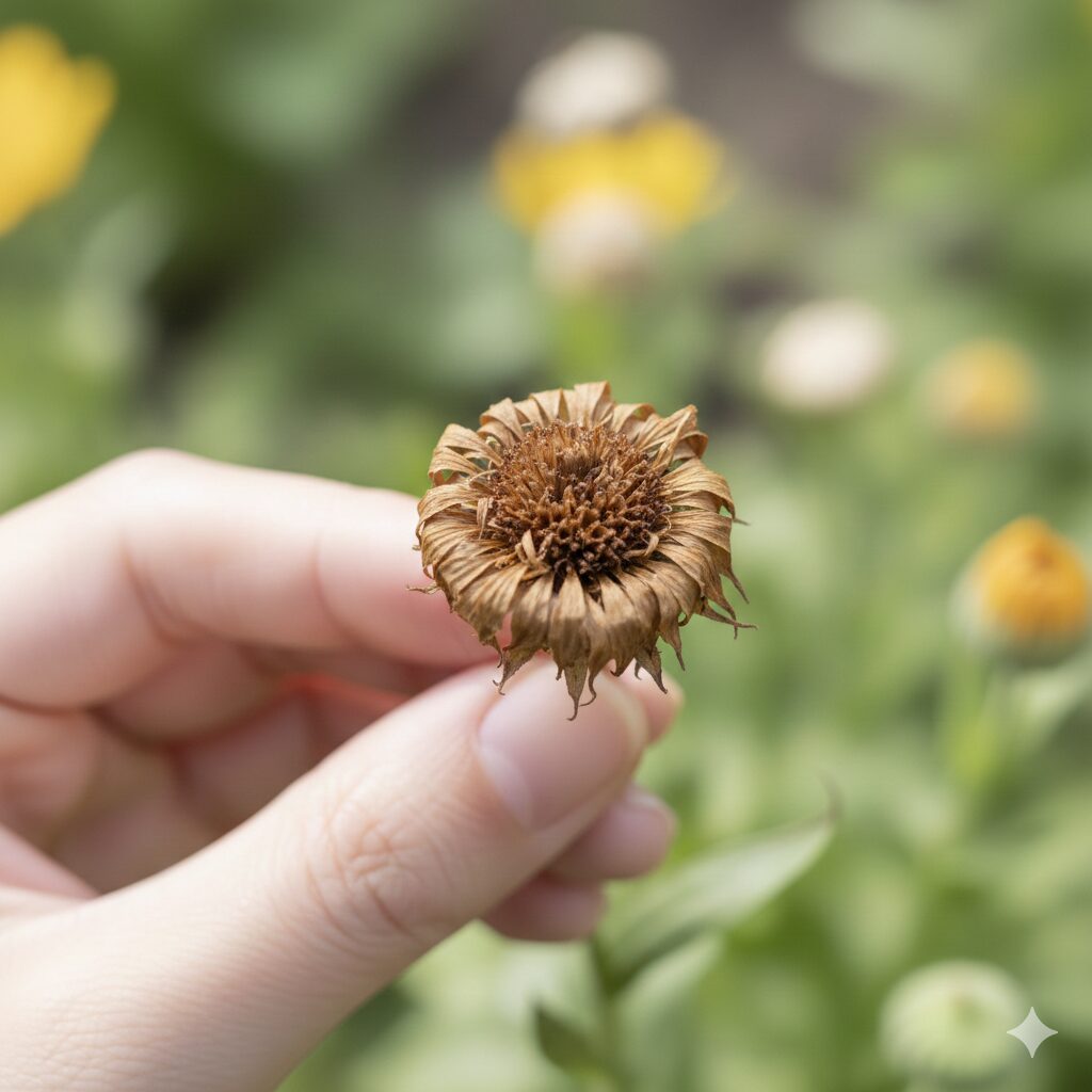 カレンデュラ パワーデイジー 地植え　カレンデュラ・パワーデイジーの花後の様子。不稔性のため、花の中心部に種子が形成されず乾燥している状態。