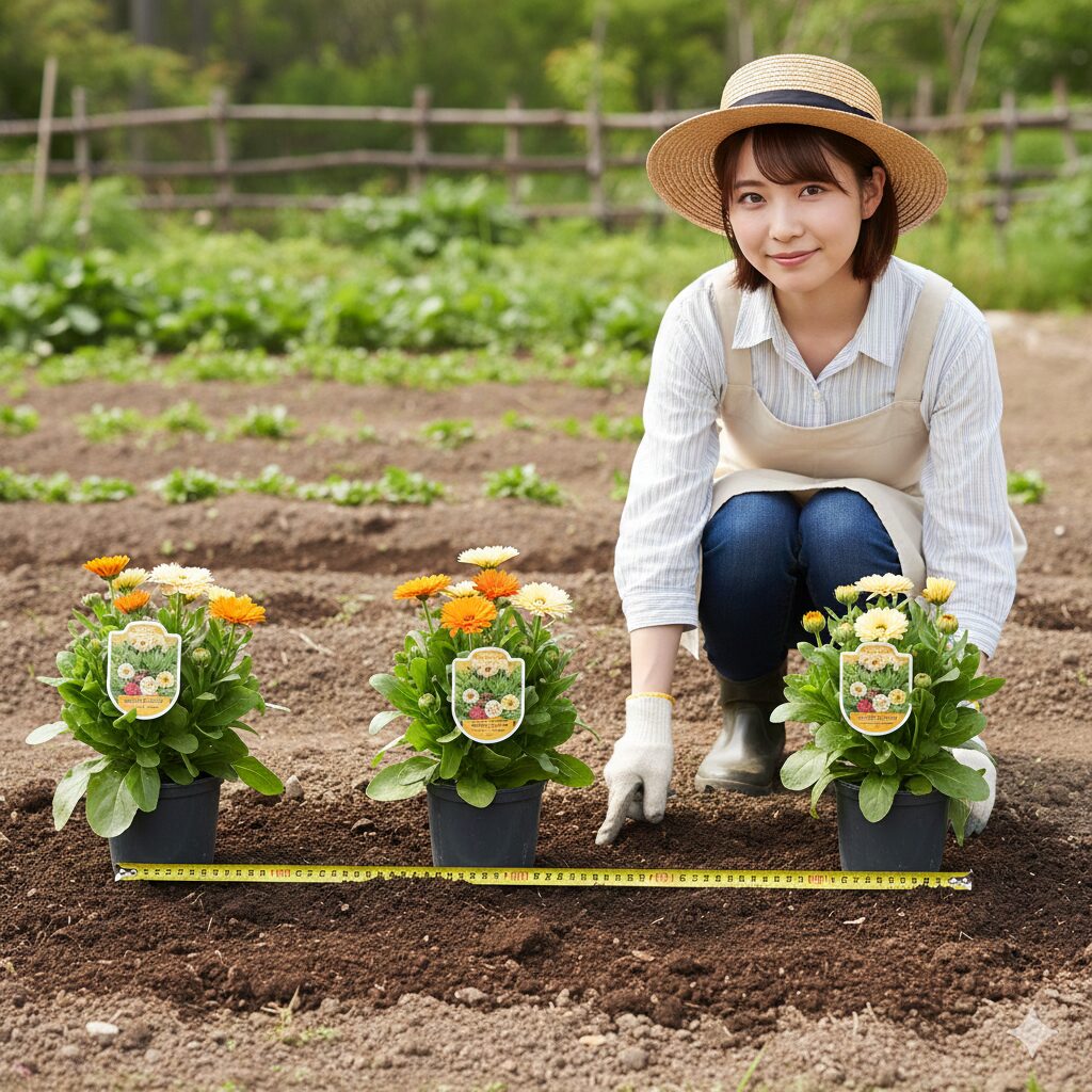 カレンデュラ パワーデイジー 地植え　地植えのために約50cmの株間を空けて配置されたカレンデュラ・パワーデイジーの苗。メジャーで適切な間隔を示している。