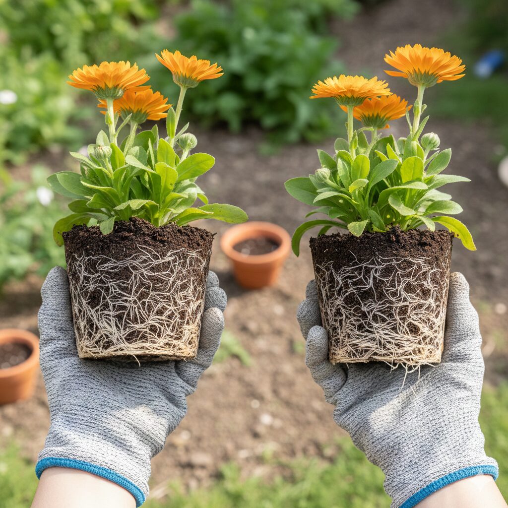 カレンデュラ パワーデイジー 地植え　カレンデュラ・パワーデイジーの苗の根鉢。ポット内で根が回った状態（サークリング）と、植え付け前に手で底面の根をほぐした状態の作業写真。