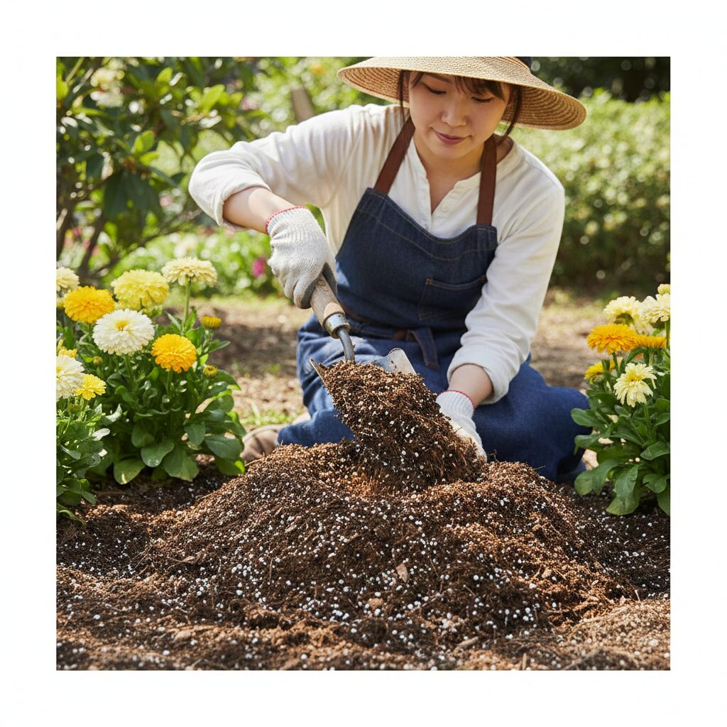 カレンデュラ パワーデイジー 地植え　地植え用の花壇で、土に腐葉土とパーライトを混ぜ込んで土壌改良を行っている作業風景。水はけの良いふかふかな土の状態。