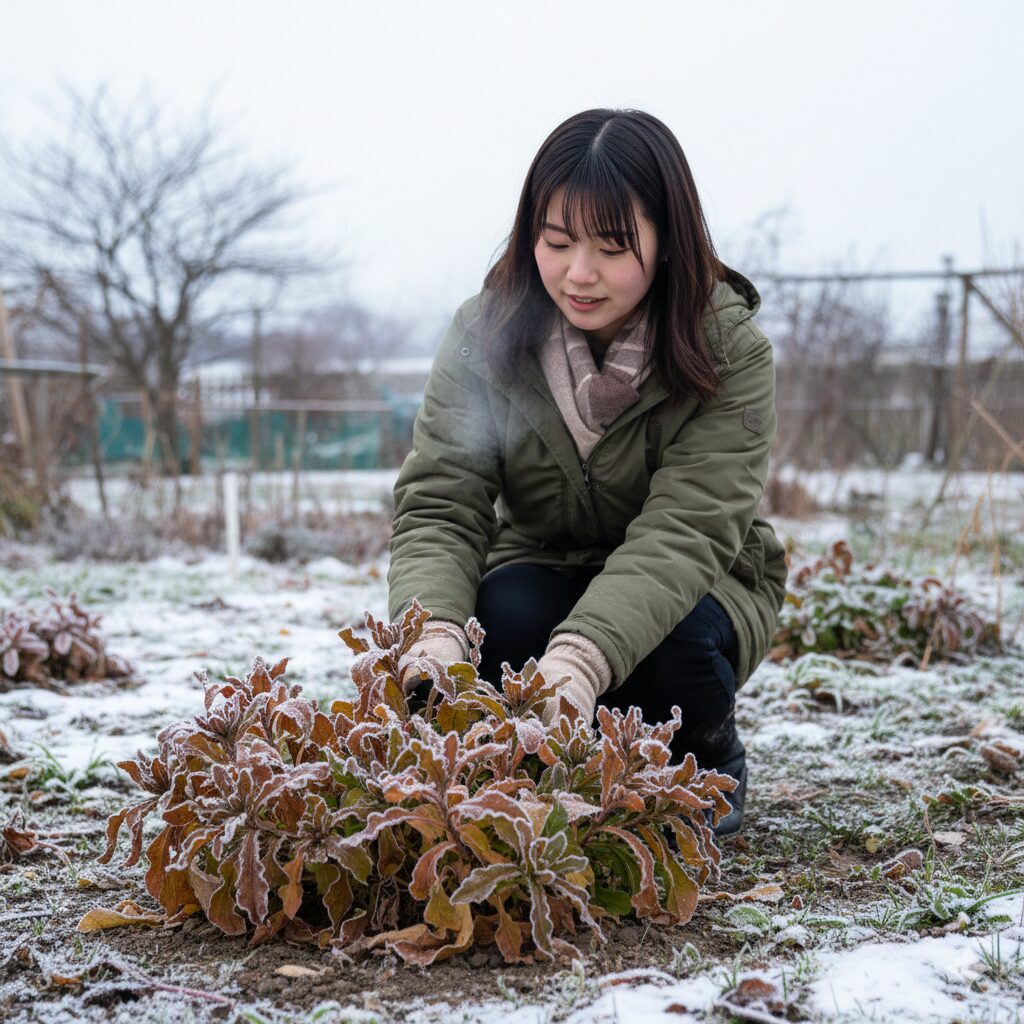 カレンデュラ パワーデイジー 地植え　真冬の寒さで葉が赤銅色（ブロンズ色）に変色したカレンデュラ・パワーデイジーの地植え株。寒冷環境下での耐寒性を示す様子。