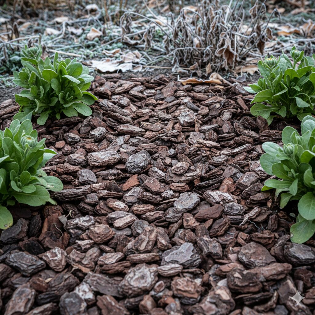 カレンデュラ パワーデイジー 地植え　冬越し対策として、カレンデュラ・パワーデイジーの株元にバークチップで厚くマルチングを施した状態の写真。霜柱予防の様子。
