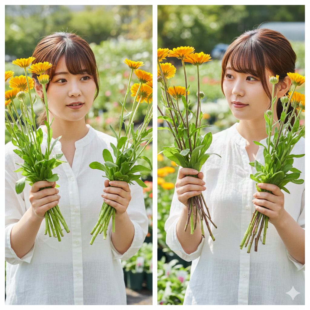 カレンデュラ パワーデイジー 増やし 方　茎の色で見分けるパワーデイジーの品種比較：緑色のサニーと赤紫色のレディ・ゴディバ