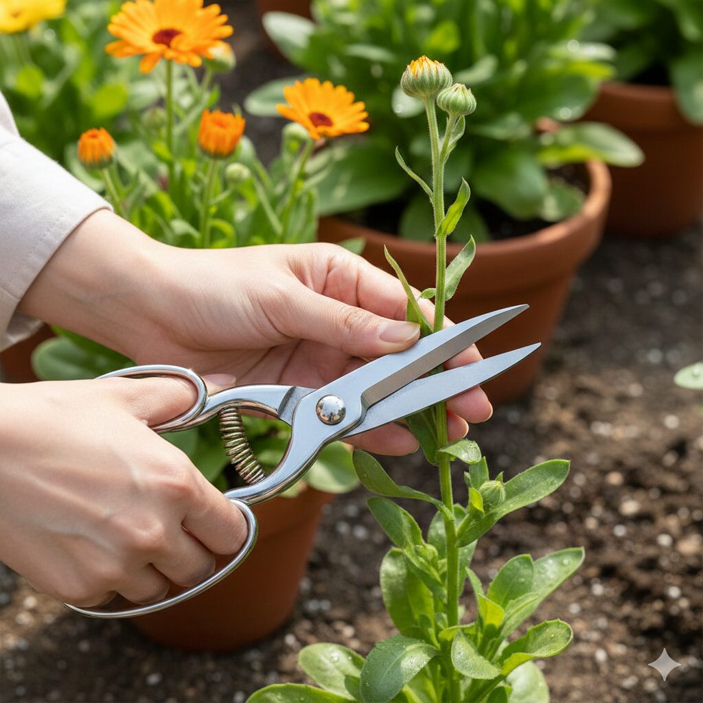 カレンデュラ パワーデイジー 増やし 方　増やし方の第一歩としてカレンデュラ・パワーデイジーの健康な茎を採取する様子