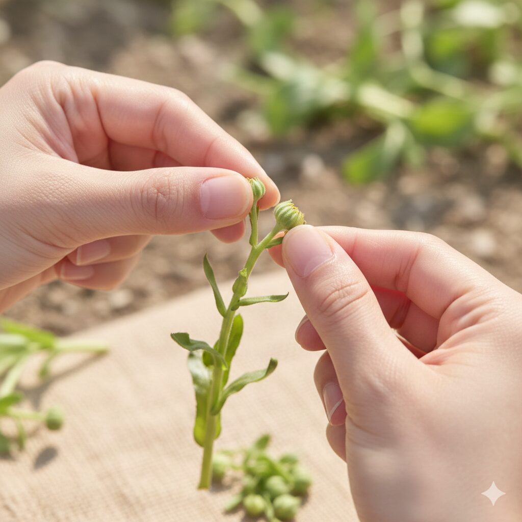 カレンデュラ パワーデイジー 増やし 方　挿し木の成功率を上げるためにパワーデイジーの蕾と下葉を完全に取り除く手順