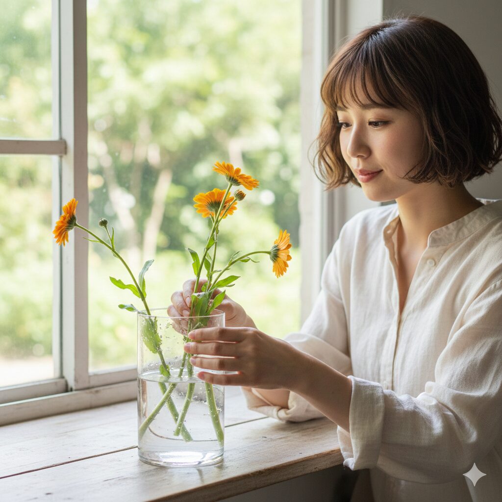 カレンデュラ パワーデイジー 増やし 方　挿し木の前に行うパワーデイジーの水揚げ作業で茎に十分な水分を吸わせる様子