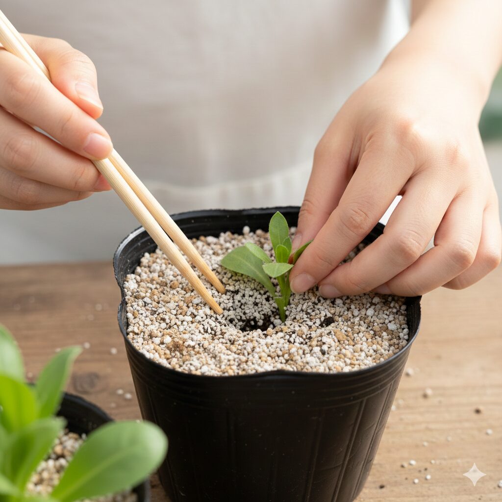 カレンデュラ パワーデイジー 増やし 方　清潔な用土にカレンデュラ・パワーデイジーの挿し穂を植え付け固定する手順