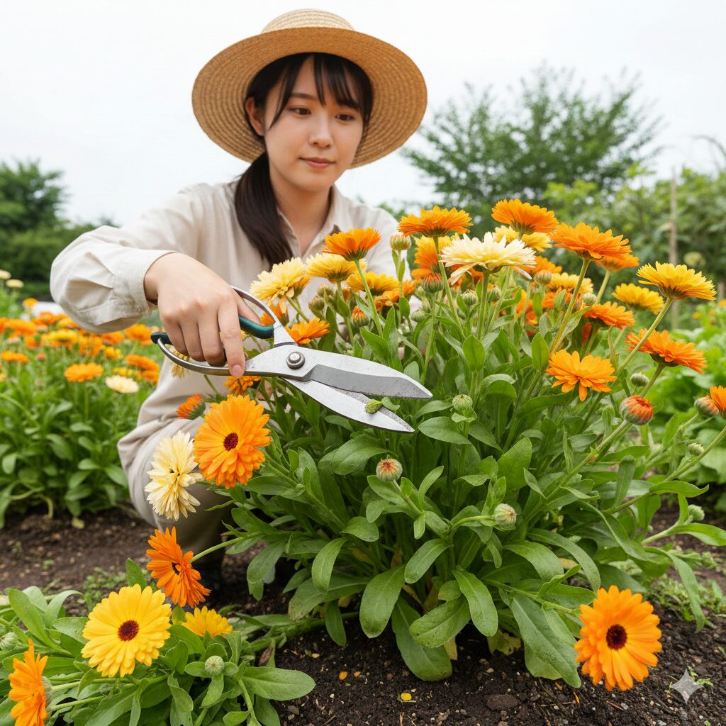 カレンデュラ パワーデイジー 増やし 方　梅雨の蒸れを防ぐために緑の葉を残して行うパワーデイジーの切り戻し剪定の方法