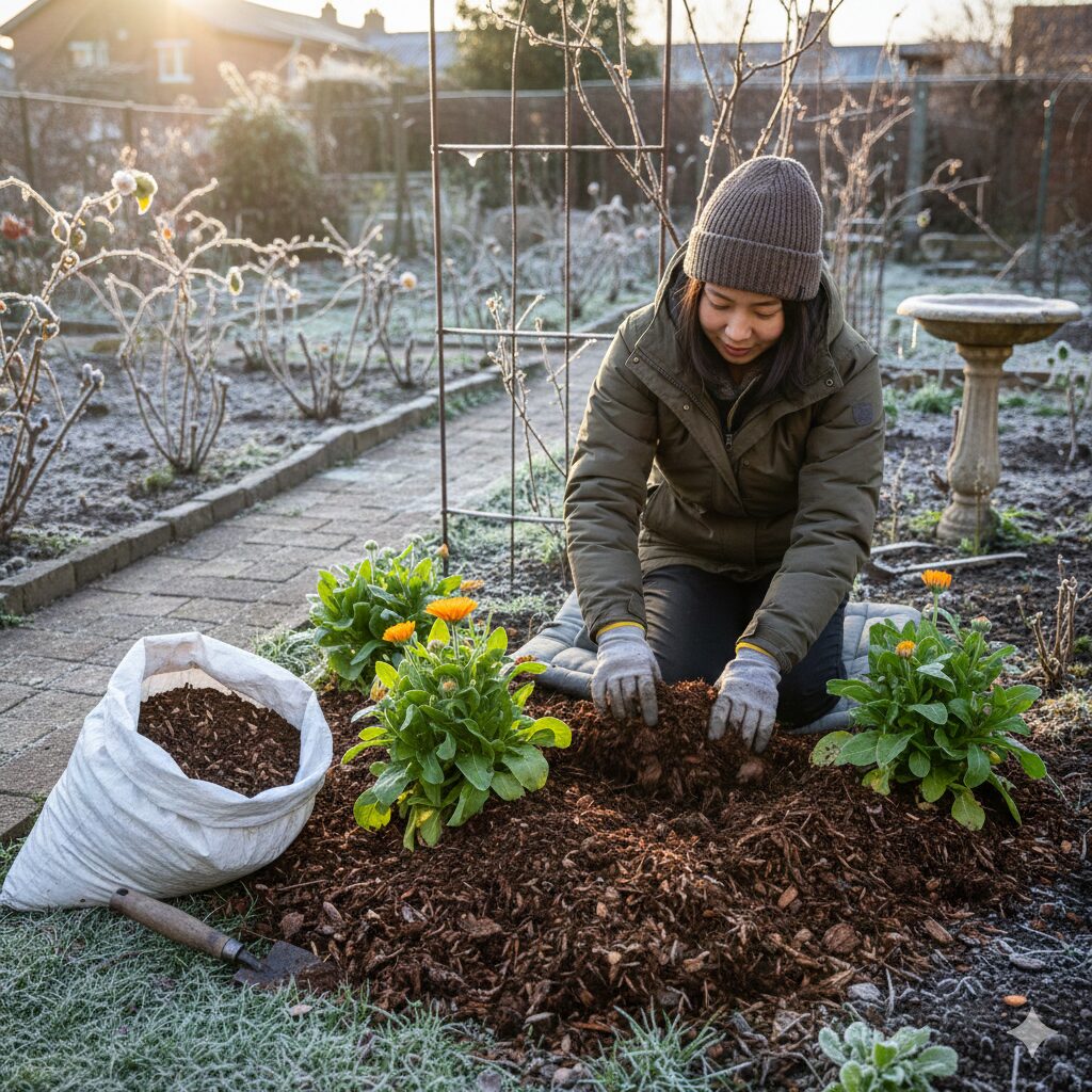 カレンデュラ パワーデイジー 増やし 方　暖地での冬越し対策としてパワーデイジーの株元に腐葉土でマルチングを行う様子