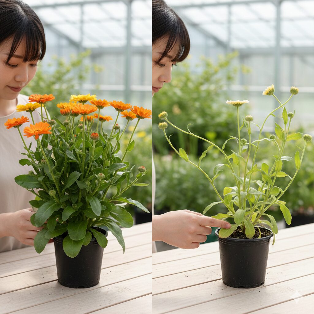 カレンデュラパワーデイジー 咲かない　日光不足で茎がひょろひょろに徒長したカレンデュラパワーデイジーと健康な株の比較