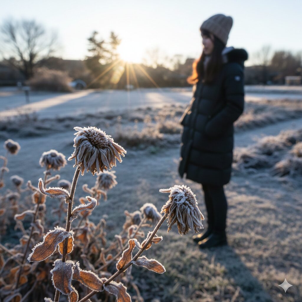 カレンデュラパワーデイジー 咲かない　冬の寒さと霜の影響で蕾が開かずに茶色く変色したカレンデュラパワーデイジー