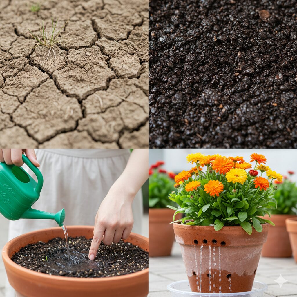 カレンデュラパワーデイジー 咲かない　カレンデュラパワーデイジーの土の乾燥を確認してからたっぷりと水やりをする様子