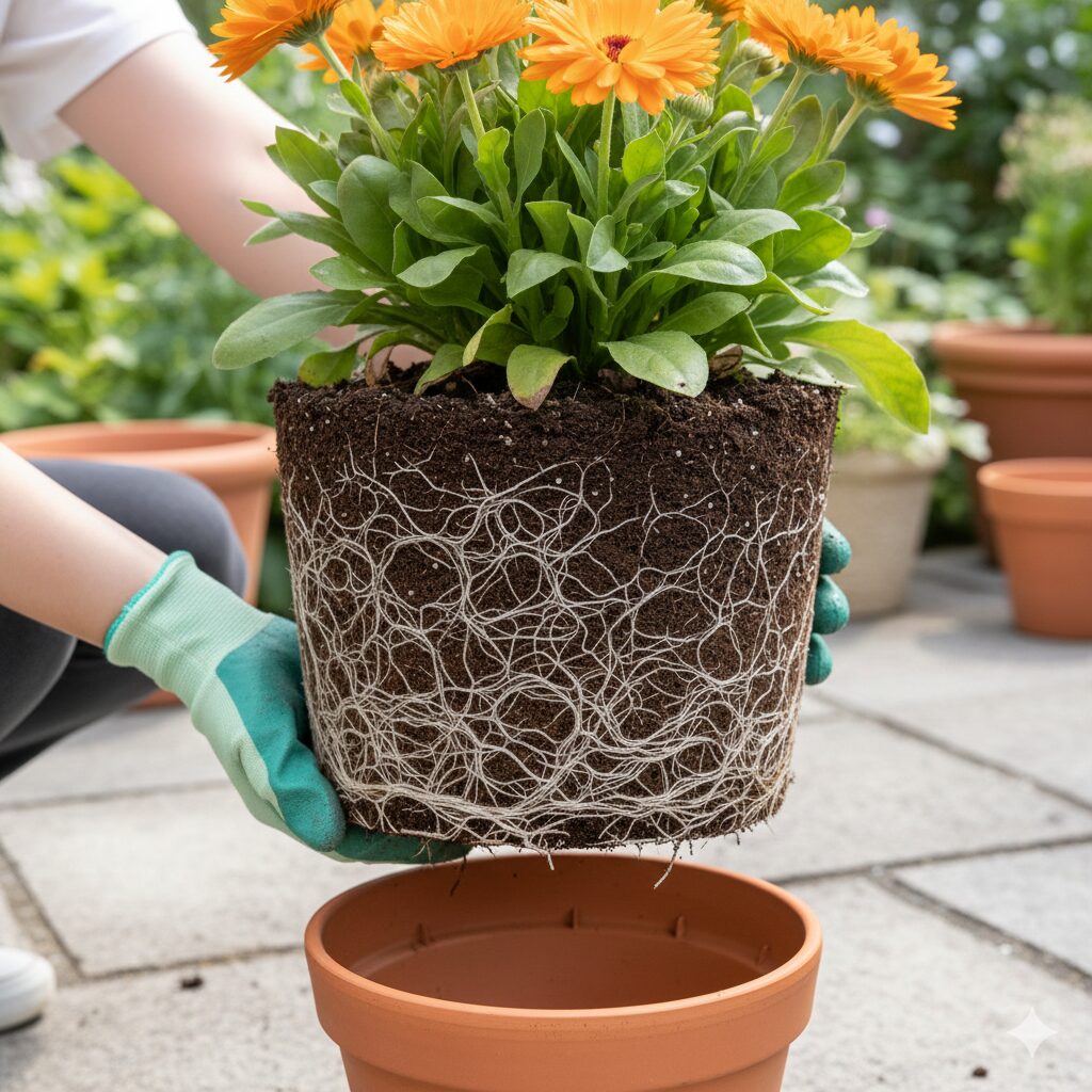 カレンデュラパワーデイジー 咲かない　鉢の中で根がパンパンに回って根詰まりを起こしているカレンデュラパワーデイジーの根