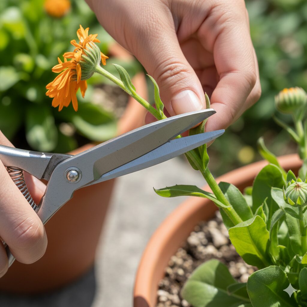 カレンデュラパワーデイジー 咲かない　次の花を咲かせるために茎の根元から行うカレンデュラパワーデイジーの花がら摘み