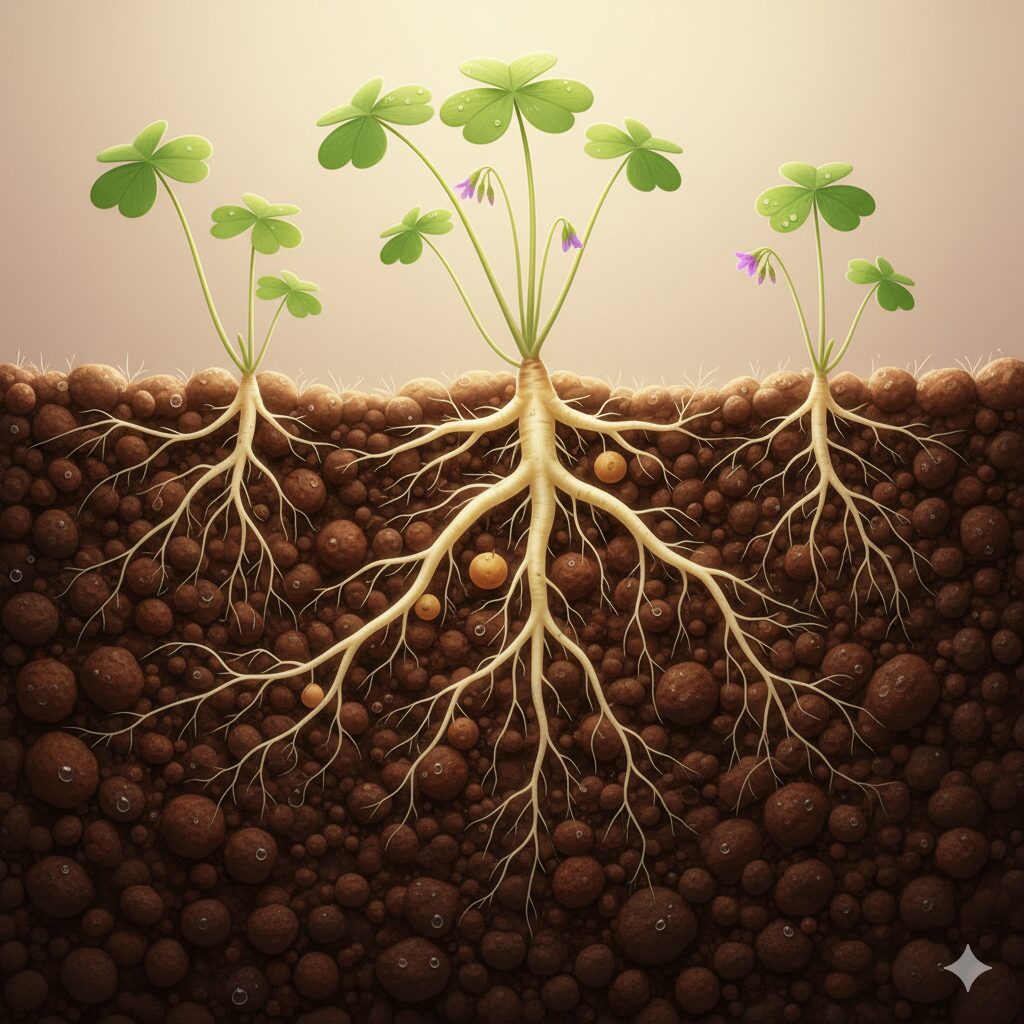 団粒構造の土の仕組みを分かりやすく図解したイラスト。大小の隙間が水はけと水持ちを両立している様子を示す。