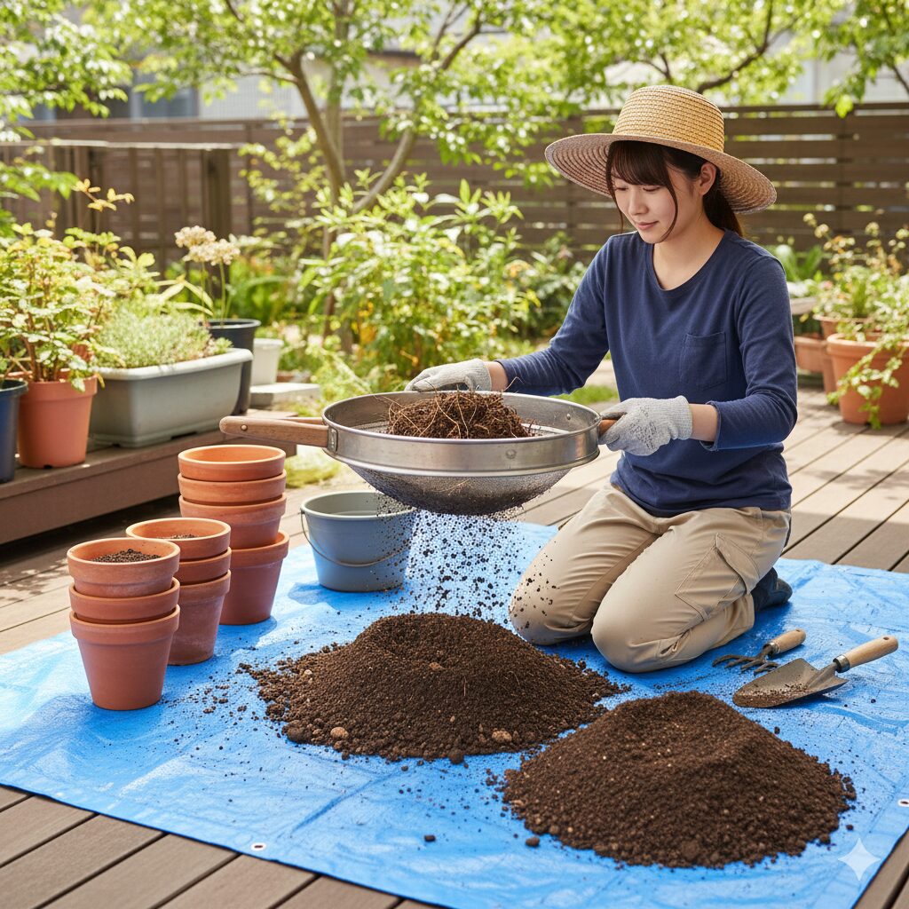 使用済みのプランターの土をブルーシートに広げ、ふるいにかけて根やゴミを取り除いている再生作業の風景。