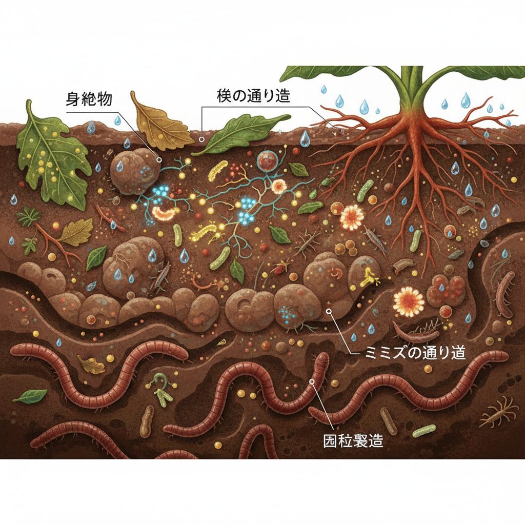 土の中で有機物を分解し団粒構造を形成する土壌微生物とミミズの活動を描いたイラスト。豊かな土壌生態系を表現。