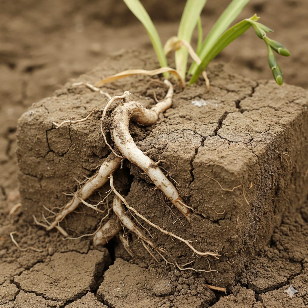カチカチに固まった粘土質の土と、その中に苦しそうに伸びる植物の根。改善の必要性を視覚的に訴える。