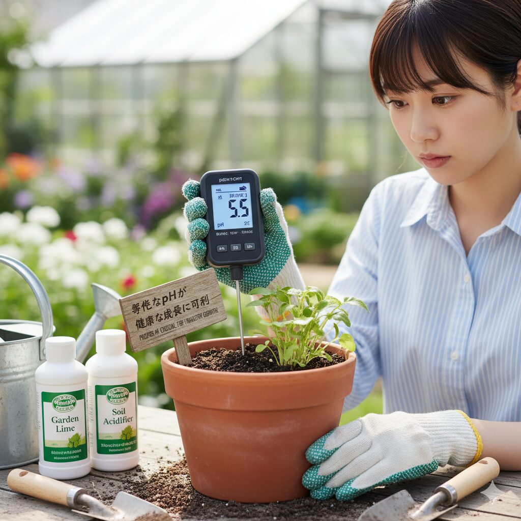 土壌酸度計で土のpHを測定している手のクローズアップ。適切なpH調整の重要性を強調。