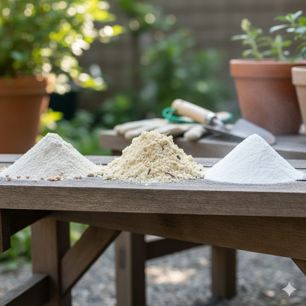 苦土石灰、有機石灰、消石灰の3種類の石灰資材が並べられた写真。それぞれの特徴が分かるように配置。